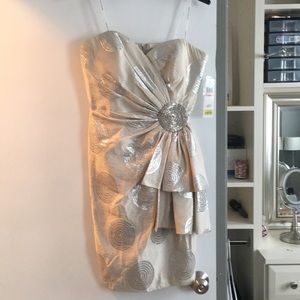 White and silver strapless dress